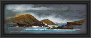 artist rod coyne's seascape "Lady's Ruff Weather" is shown here in a black frame.