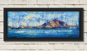 artist rod coyne's landscape "Island Interference" is shown here in a black frame on a white wall.