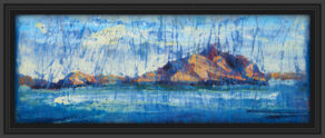 artist rod coyne's landscape print "Island Interference" is shown here in a black frame.