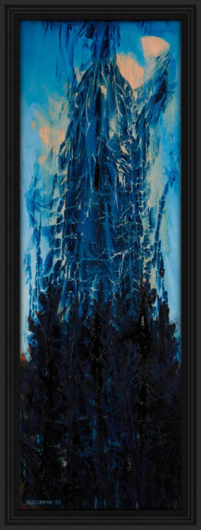 artist rod coyne's landscape "Tony's Trees" is shown here in a black frame.