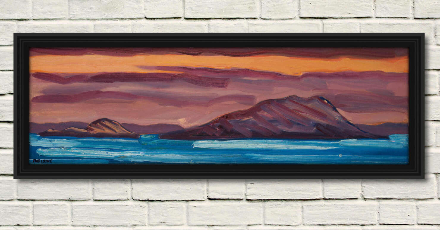 artist rod coyne's landscape "Innis & Scariff Islands" is shown here, in a black frame on a white wall.