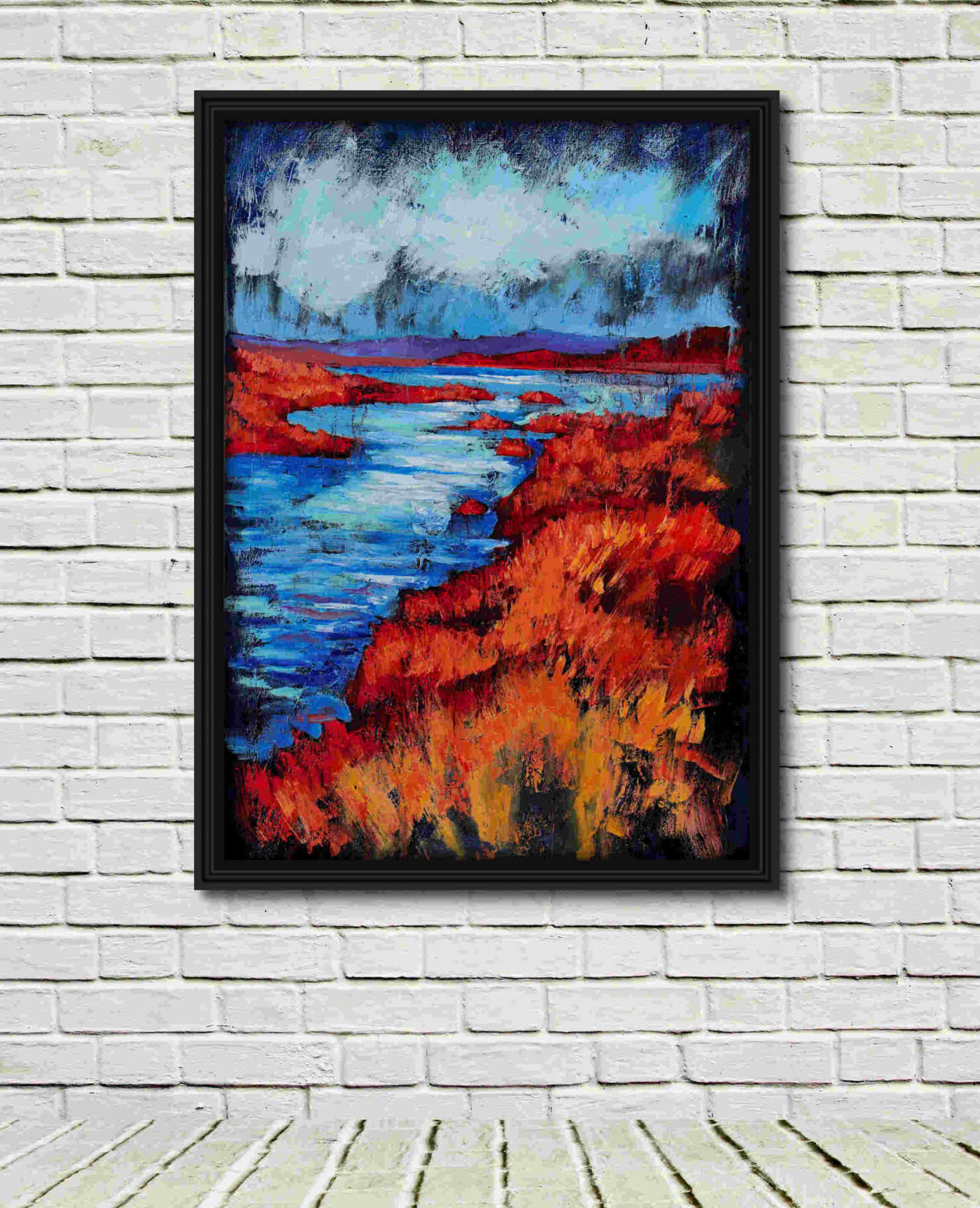 artist rod coyne's landscape "Ardcost Estuary" is shown here in a black frame in a white room.