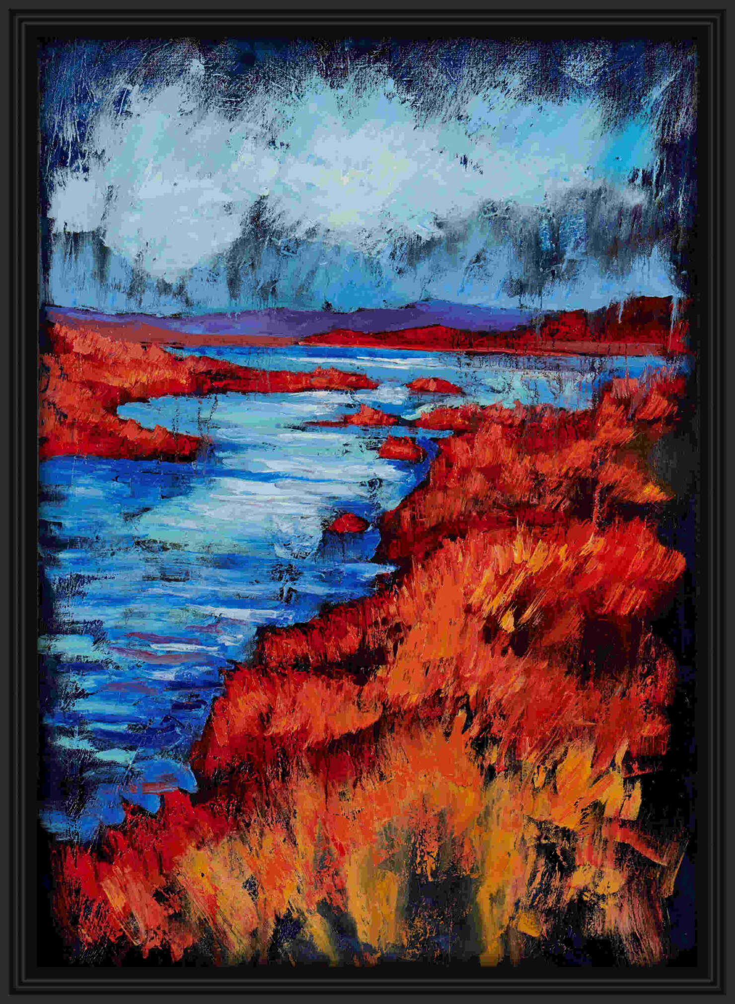 artist rod coyne's landscape "Ardcost Estuary" is shown here in a black frame.