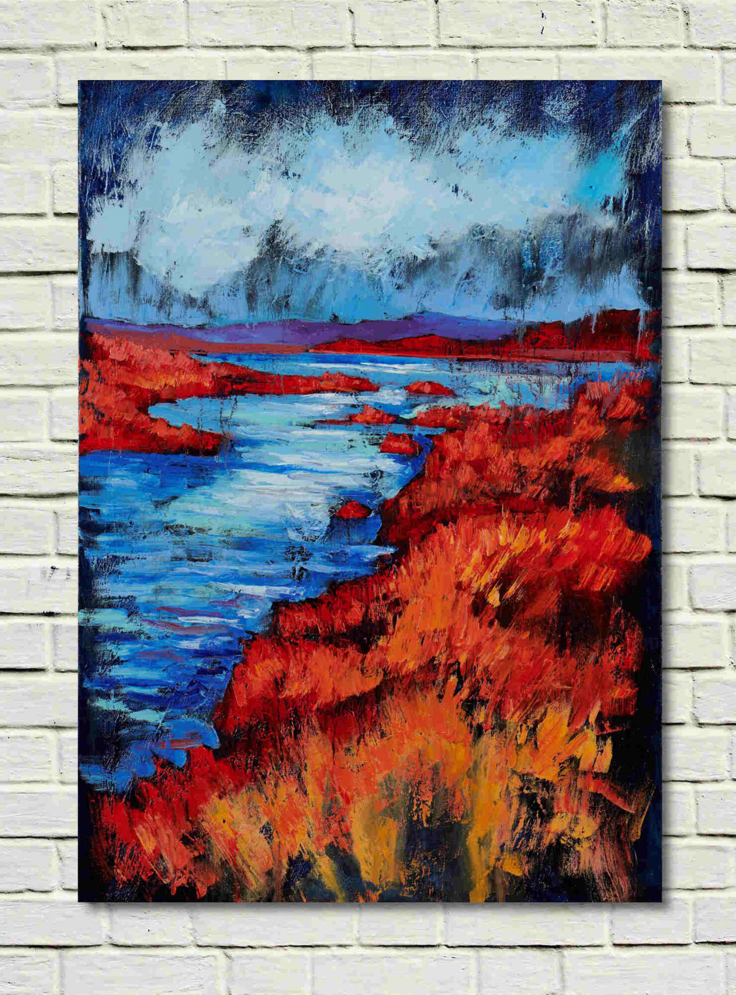 artist rod coyne's landscape "Ardcost Estuary" is shown here unframed on a white wall.