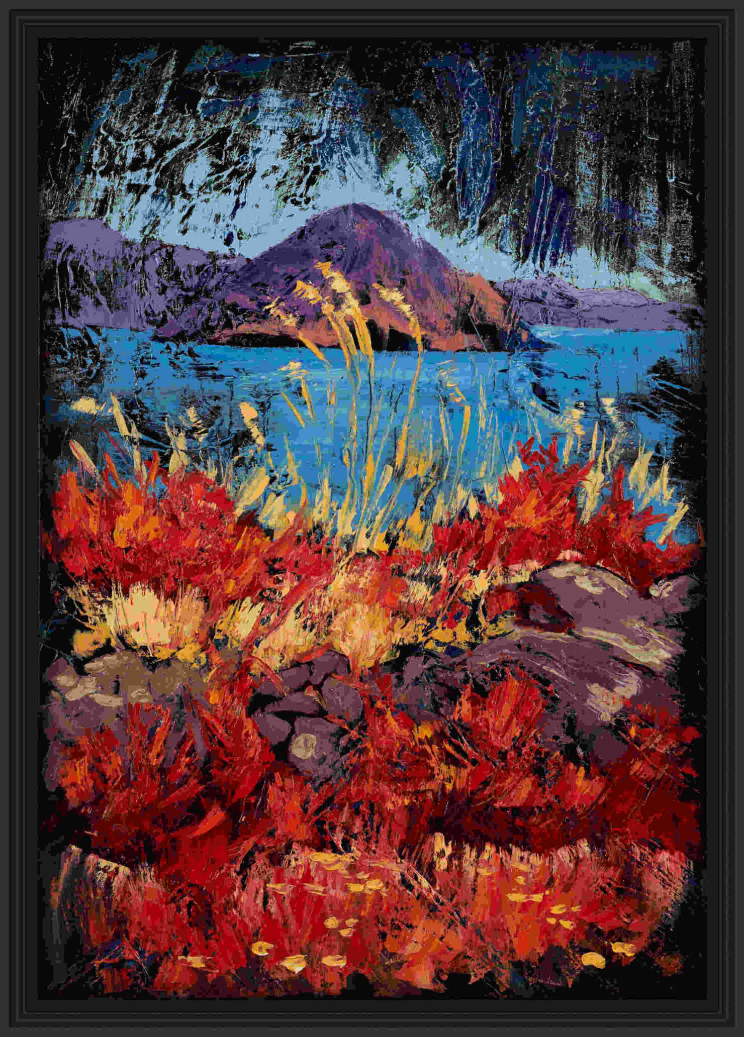 artist rod coyne's landscape "Hog's Head Breeze" is shown here, in a black frame.