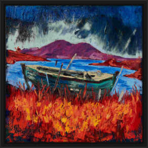artist rod coyne's landscape "Shipwrecked Heart" is shown here in a black frame.