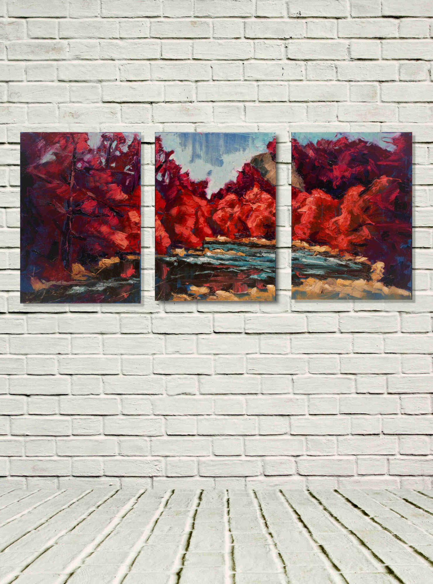 Artist Rod Coyne's triptych "Avoca Downriver" is shown here, unframed triptych in a white room.