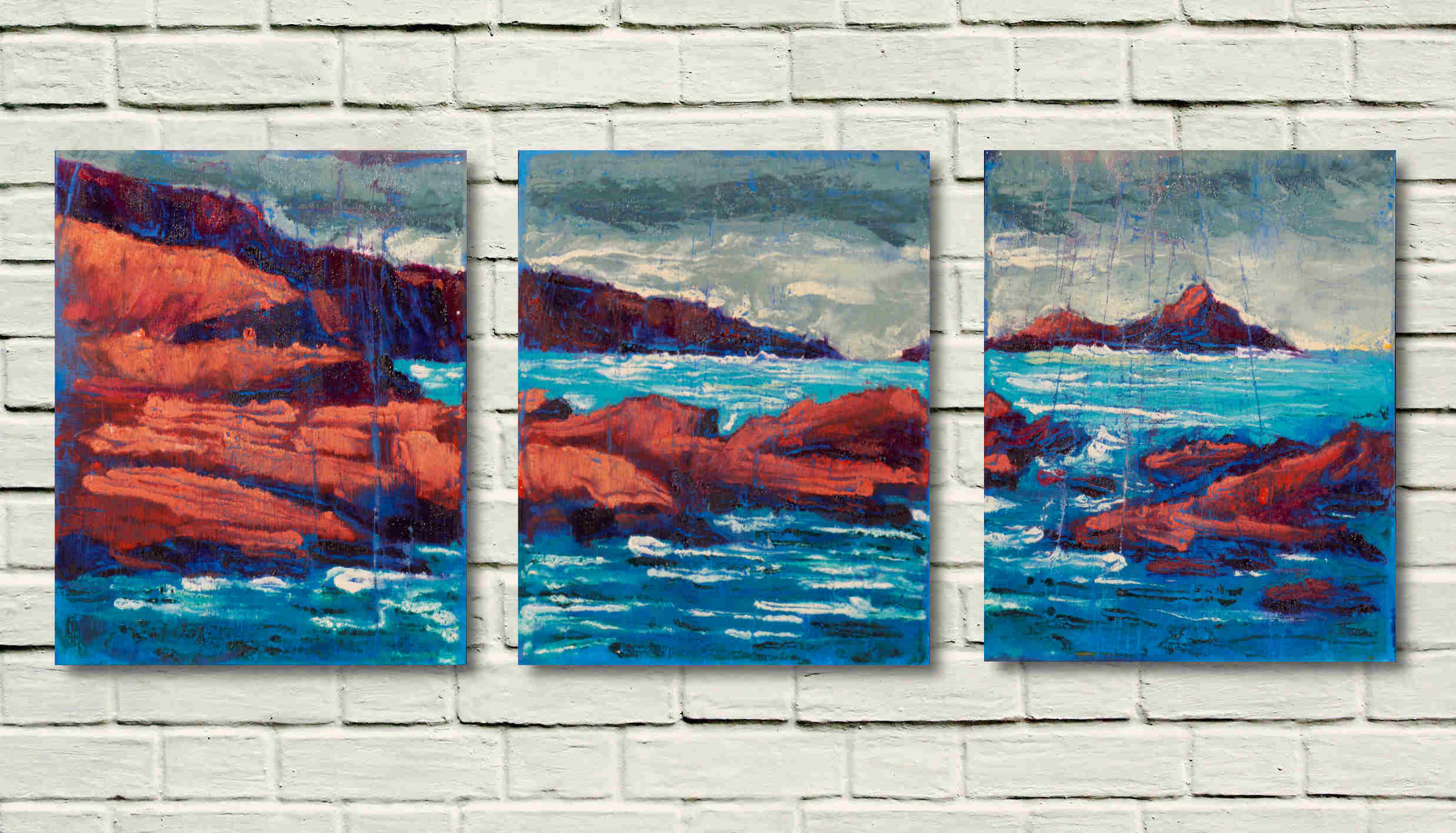 Artist Rod Coyne's triptych "Puffin Sound" is shown here, unframed on a white wall.
