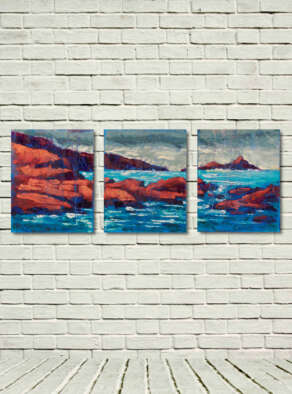 Artist Rod Coyne's triptych "Puffin Sound" is shown here, unframed in a white room.