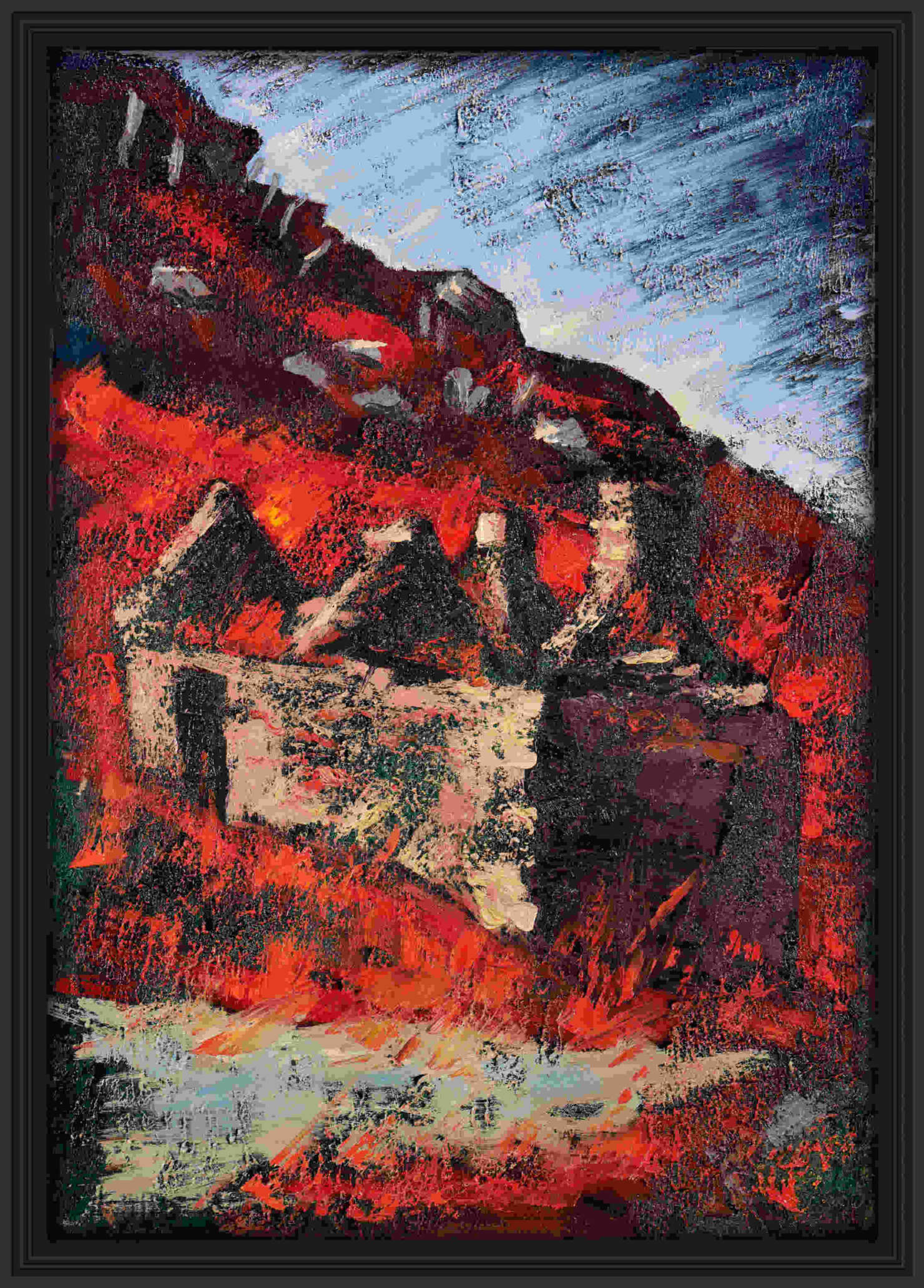 artist rod coyne's landscape "Famine Village Ruins, East" is shown here, in a black frame.