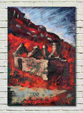 artist rod coyne's landscape "Famine Village Ruins, East" is shown here, unframed on a white wall.