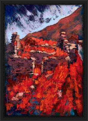 artist rod coyne's landscape "Famine Village Ruins West" is shown here, in a black frame.