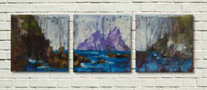 Artist Rod Coyne's triptych "Skellig from Glen Pier" is shown here, unframed on a white wall.
