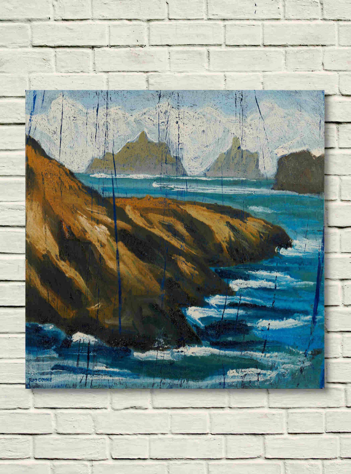 artist rod coyne's seascape "Kerry Islands" is shown here, unframed on a white wall.