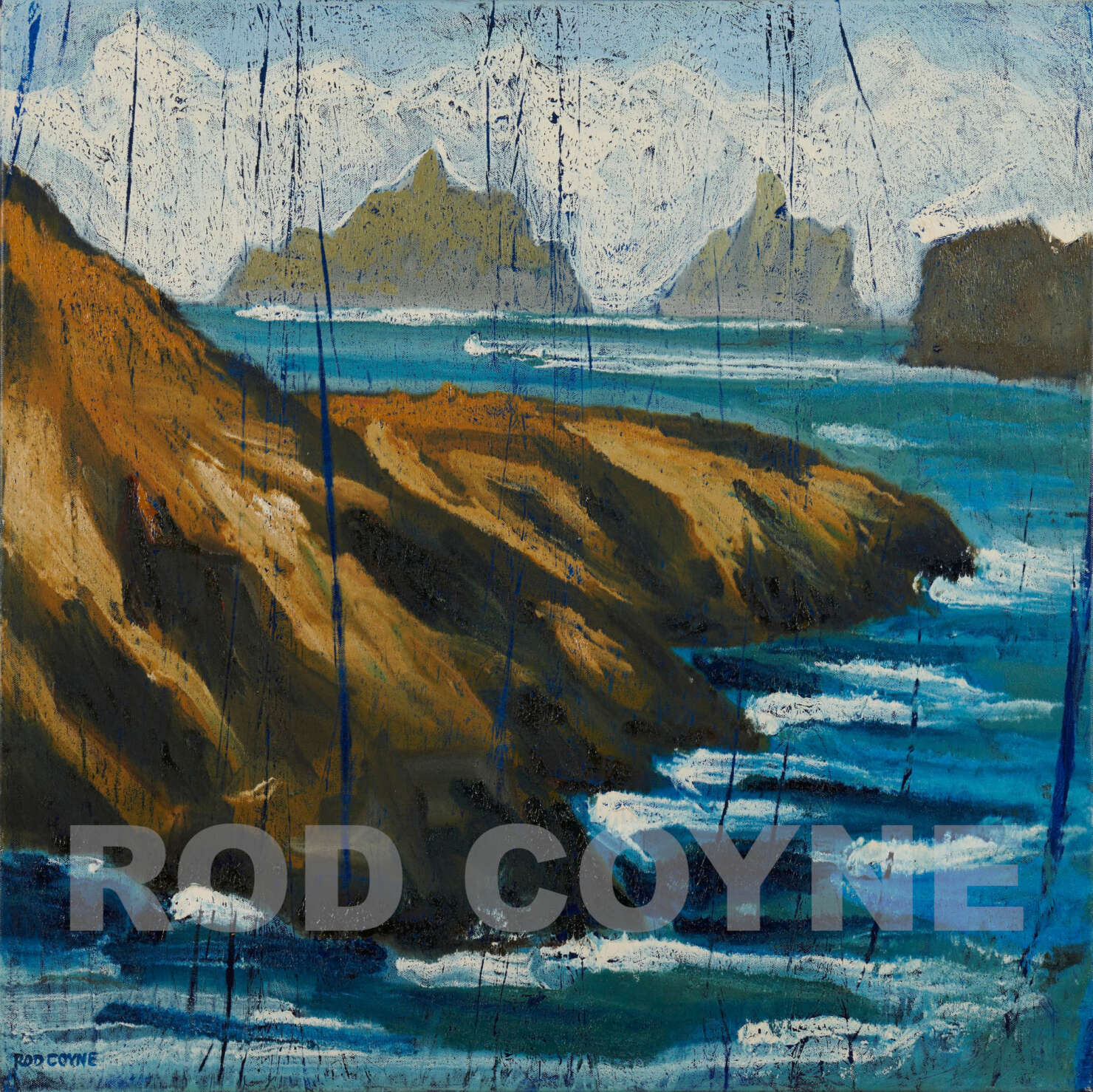 artist rod coyne's seascape "Kerry Islands" is shown here watermarked.