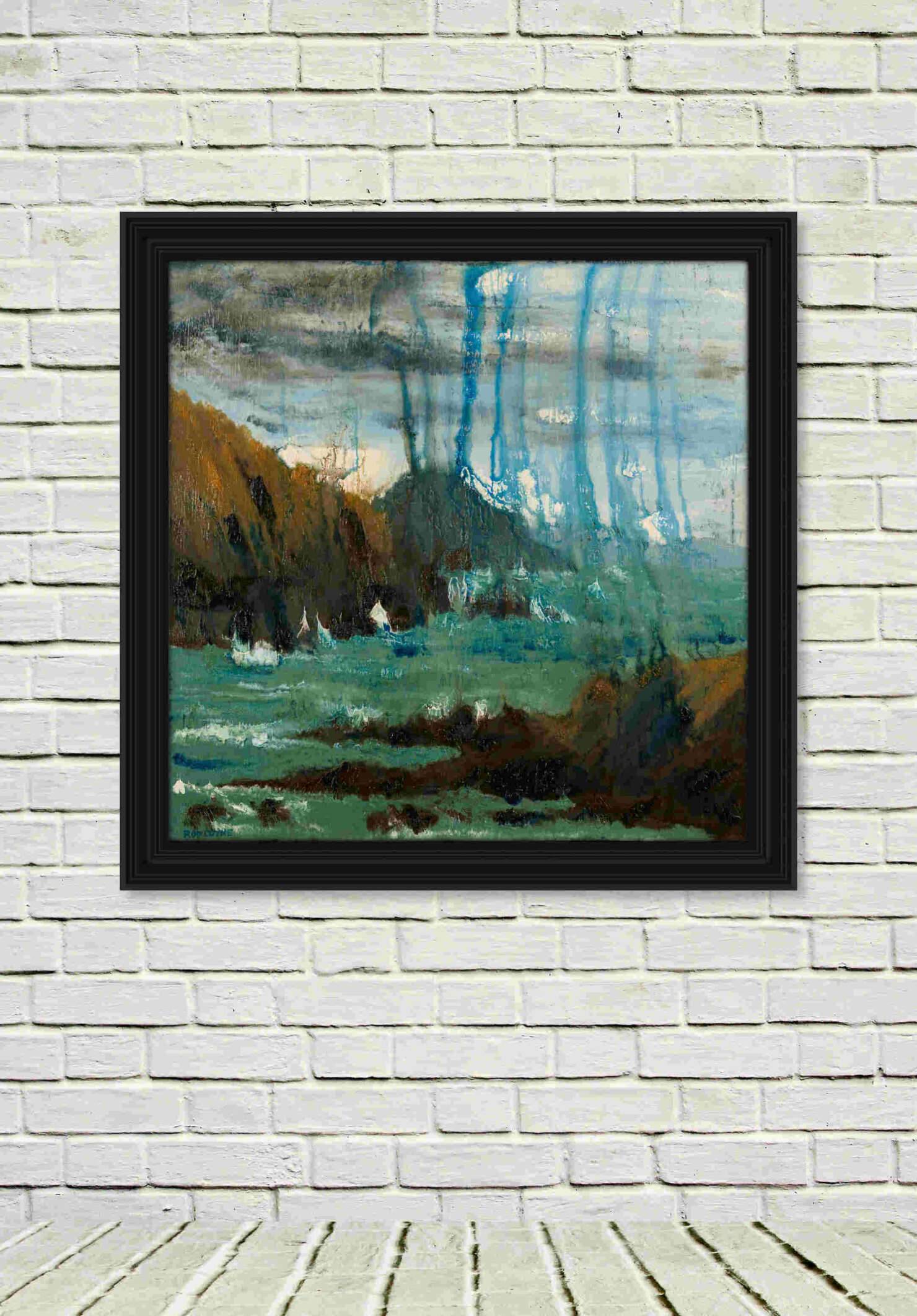artist rod coyne's seascape "Horse Islands" is shown here, in a black frame on a white wall.