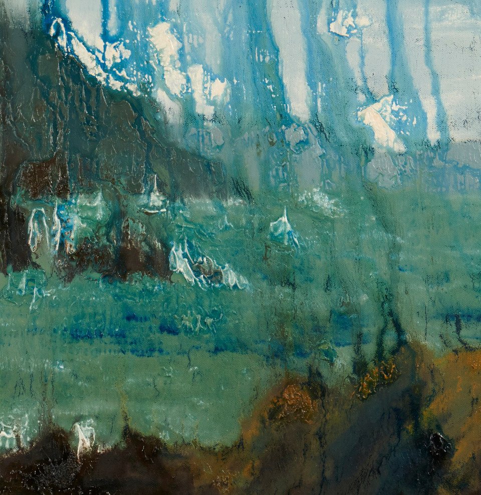 artist rod coyne's seascape "Horse Islands" is shown here, in close up detail.