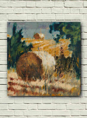 artist rod coyne's landscape "Bale on the Hill" is shown here, unframed on a white wall.
