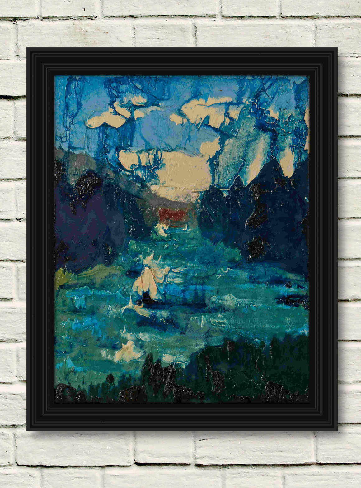artist rod coyne's landscape painting "The Meetings" is shown here, in a black frame on a white wall.