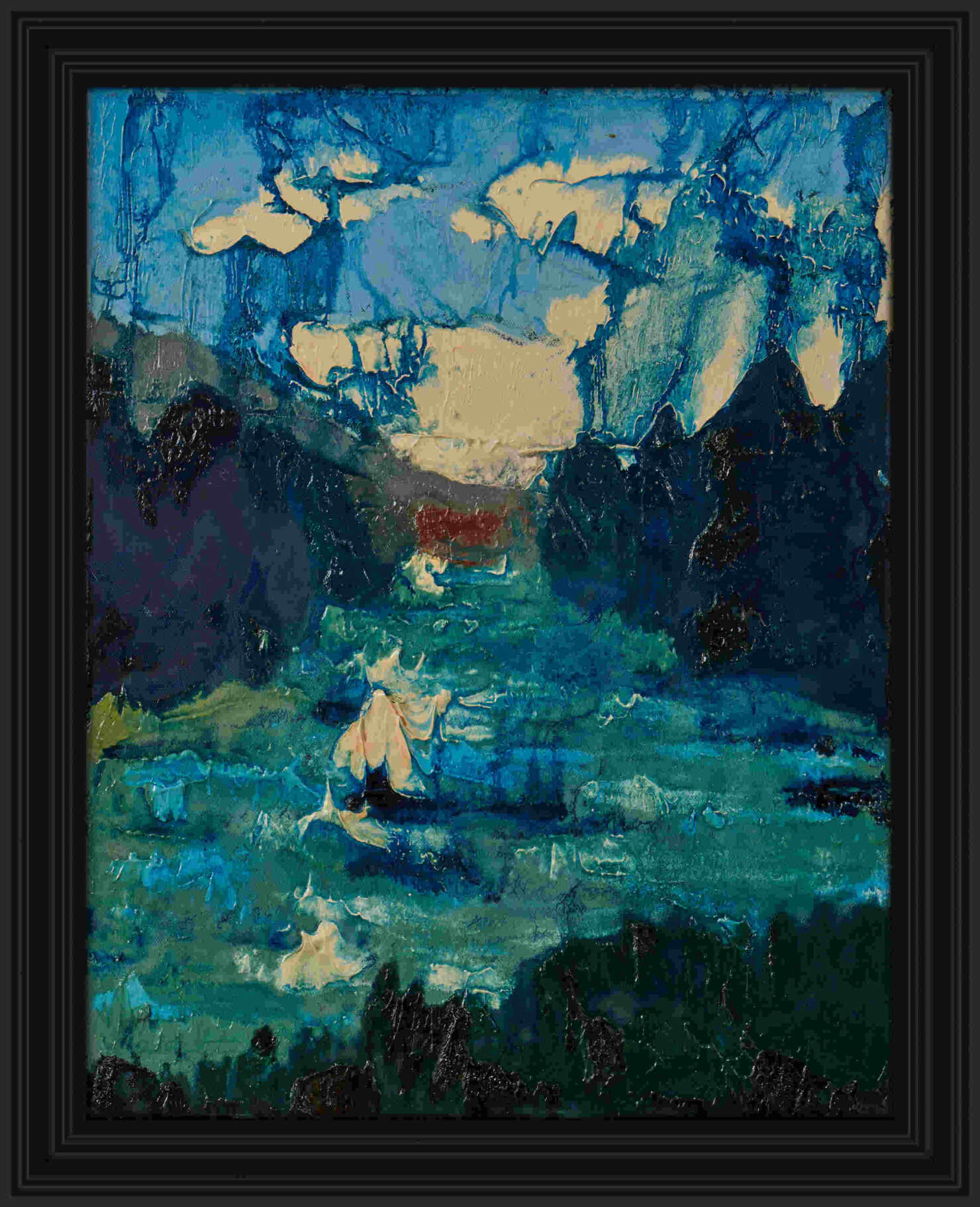 artist rod coyne's landscape painting "The Meetings" is shown here, in a black frame.
