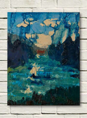 artist rod coyne's landscape painting "The Meetings" is shown here, unframed on a white wall.