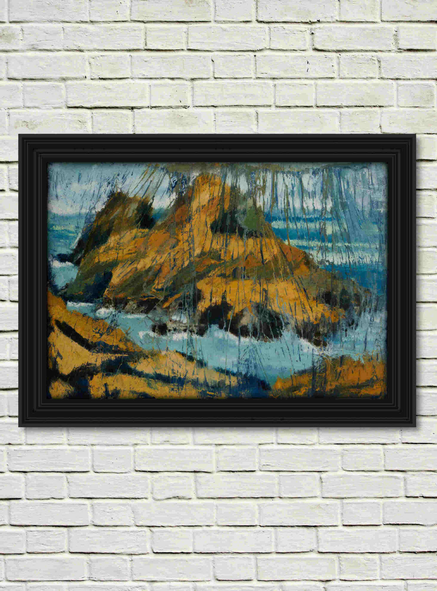 artist rod coyne's landscape "Approach Flight Puffin Island" is shown here, in a black frame on a white wall.