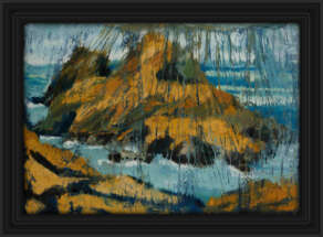 artist rod coyne's landscape "Approach Flight Puffin Island" is shown here, in a black frame.