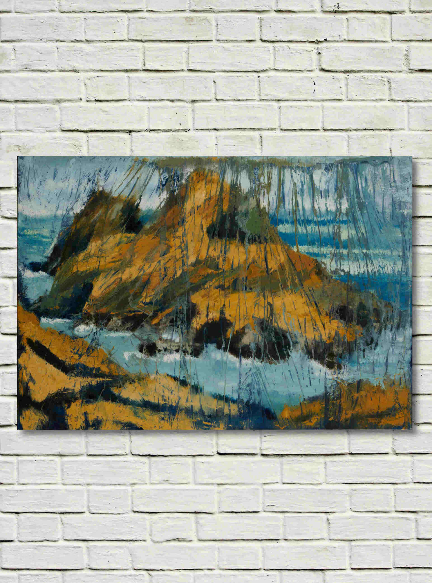 artist rod coyne's landscape "Approach Flight Puffin Island" is shown here, unframed on a white wall.