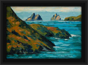 artist rod coyne's landscape "Skellig Horizon" is shown here, in a black frame.