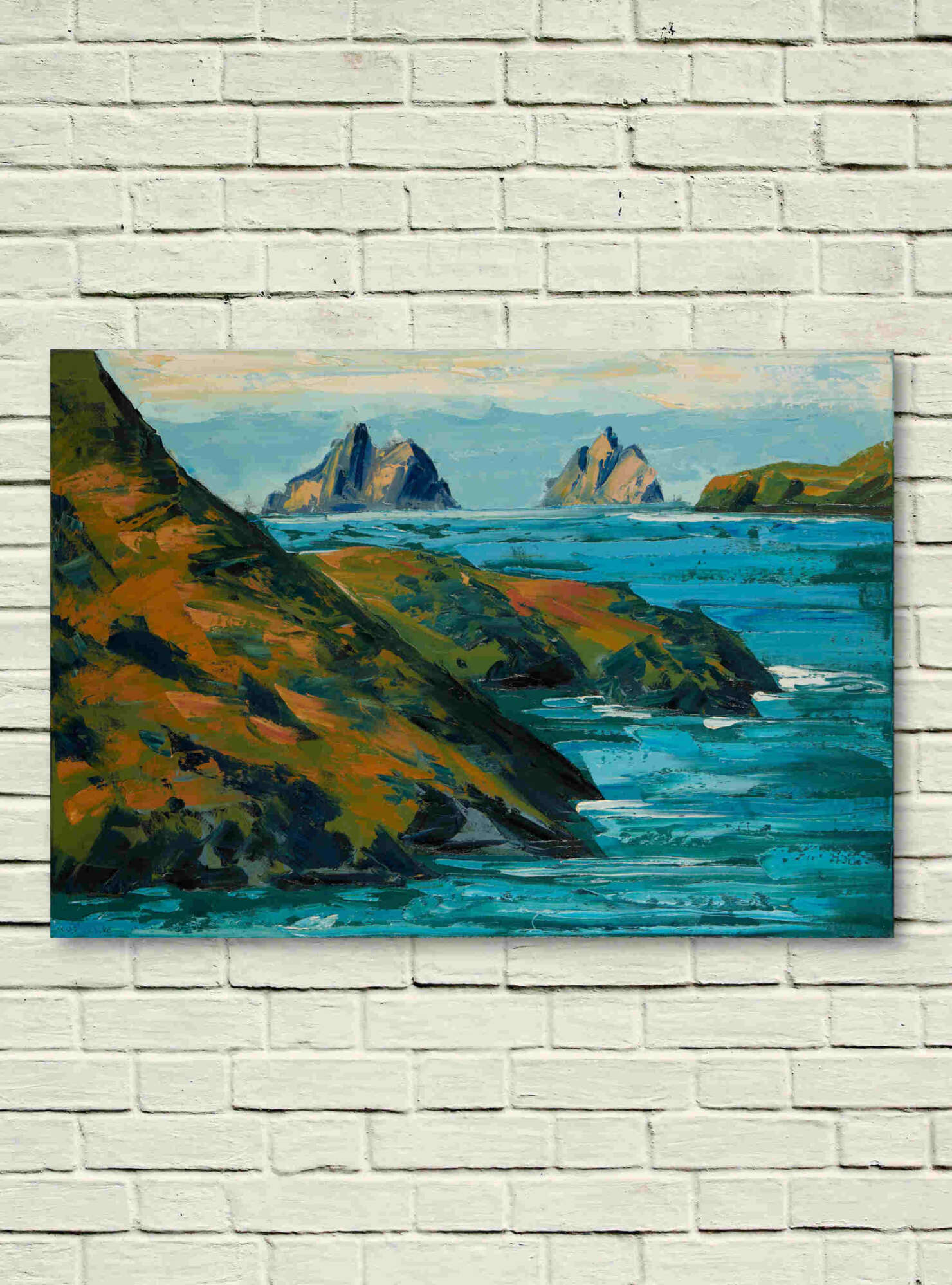 artist rod coyne's landscape "Skellig Horizon" is shown here, unframed on a white wall.