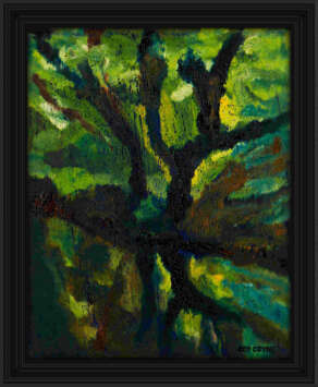artist rod coyne's landscape "Avonmore Reflections, Oak Tree" is shown here, in a black frame.