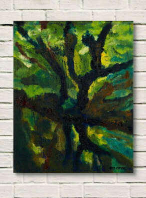 artist rod coyne's landscape "Avonmore Reflections, Oak Tree" is shown here, unframed on a white wall.