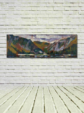 artist rod coyne's landscape "St. Kevin's Bed" is shown here, unframed on a white wall.