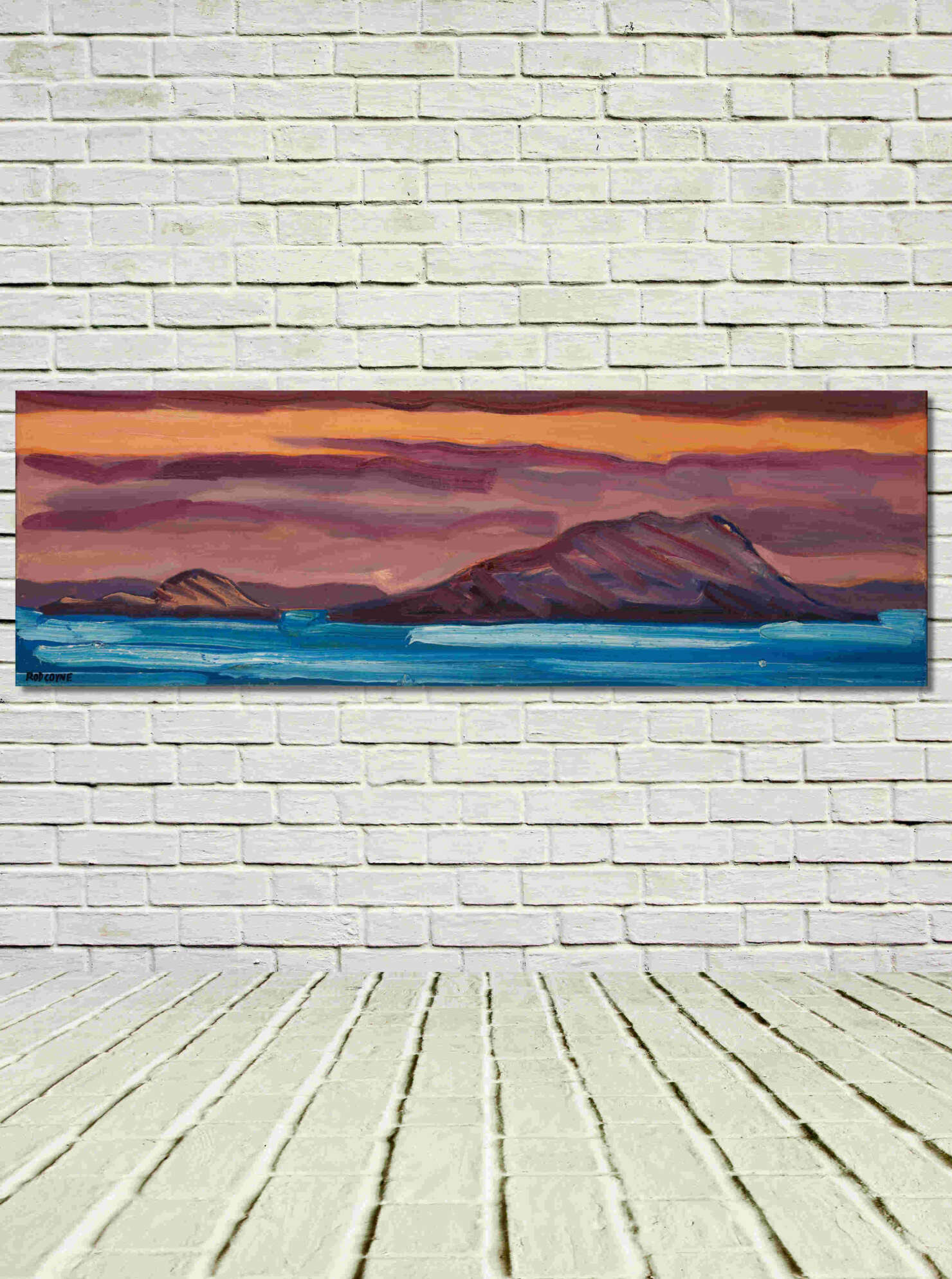 artist rod coyne's landscape "Innis & Scariff Islands" is shown here, unframed on a white wall.