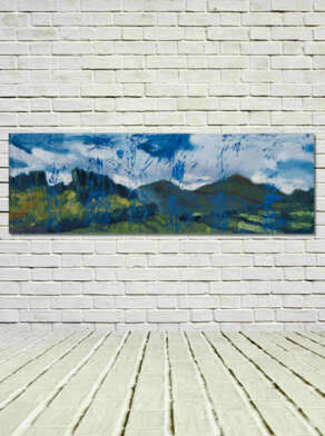 artist rod coyne's landscape "Wicklow Hills" is shown here, unframed on a white wall.