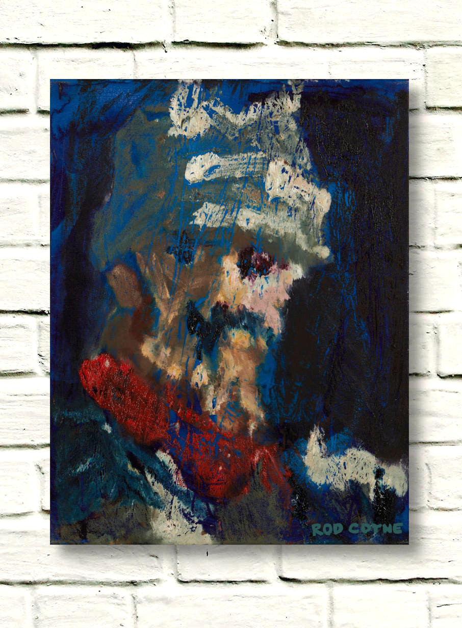 artist rod coyne's portrait "Don Quiote" is shown here on a white brick wall.