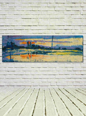 artist rod coyne's landscape "Dublin Dusk" is shown here, unframed on a white wall.