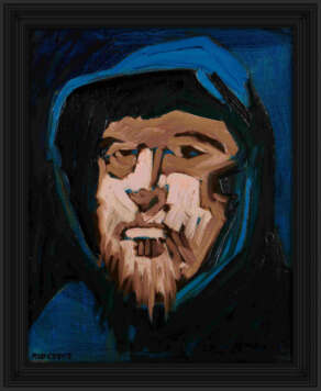 artist rod coyne's portrait "Little Pilgrim" is shown here, in a black frame.