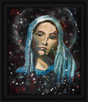 artist rod coyne's portrait "Mary Mother Nature" is shown here, in a black frame.