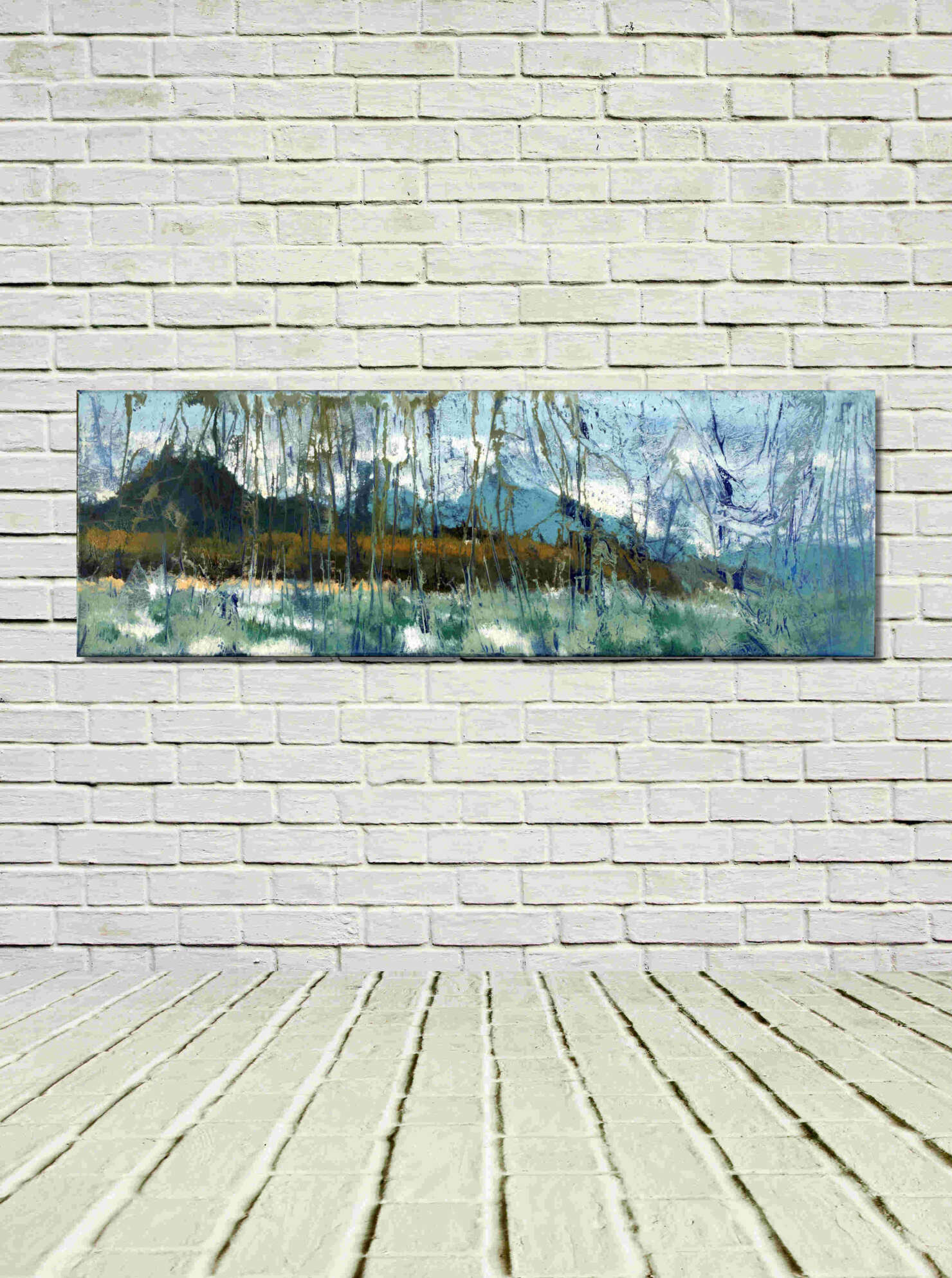 artist rod coyne's landscape "St. Patrick's Landing" is shown here, unframed on a white wall.