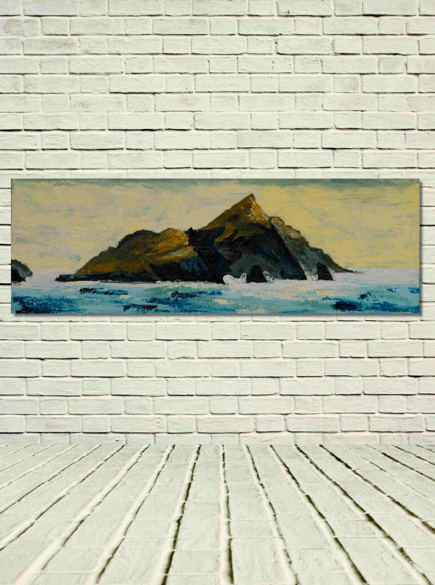 artist rod coyne's landscape "Puffin Tailwind" is shown here, unframed on a white wall.