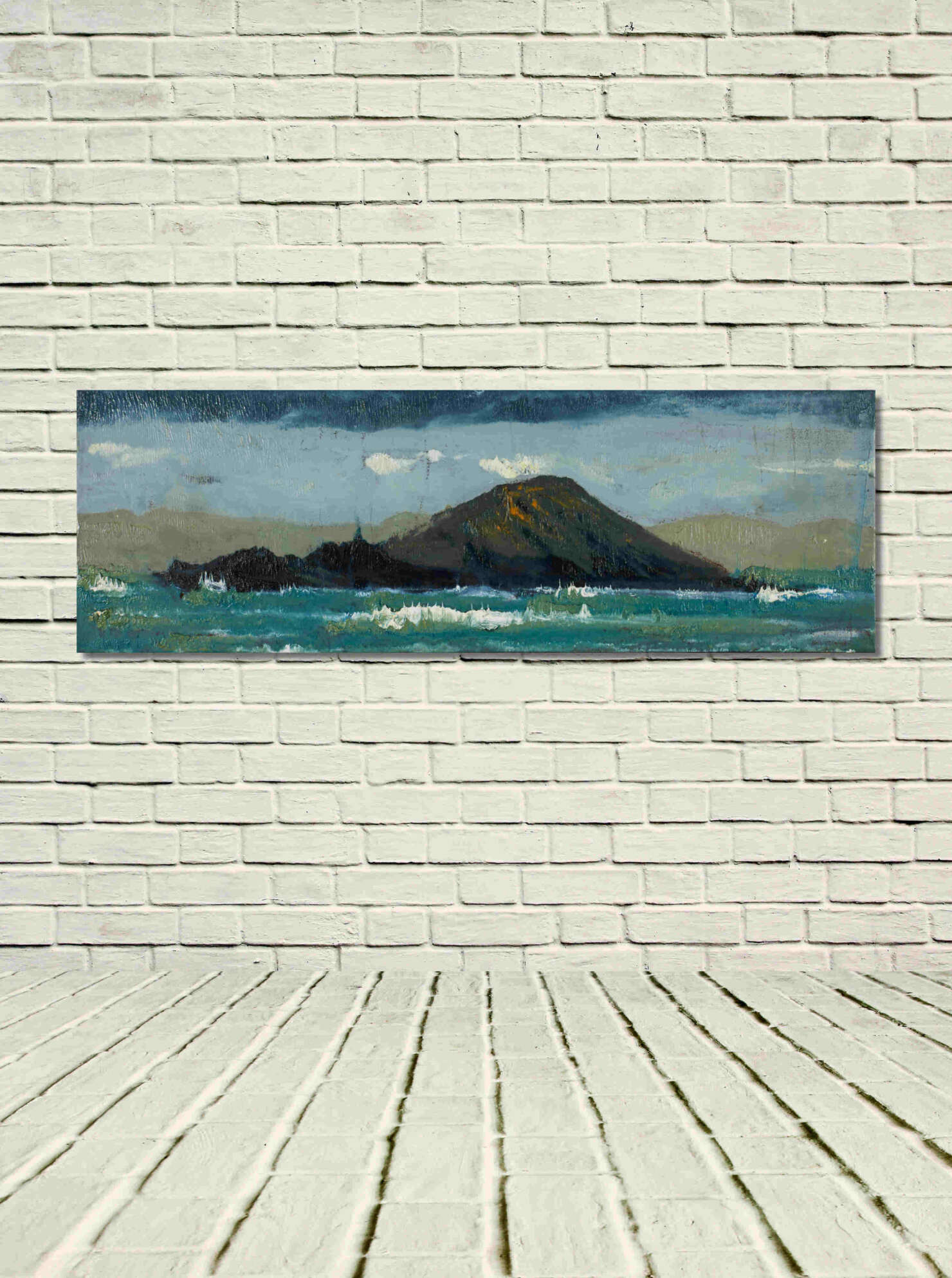 artist rod coyne's landscape "Deenish Island" is shown here, unframed on a white wall.