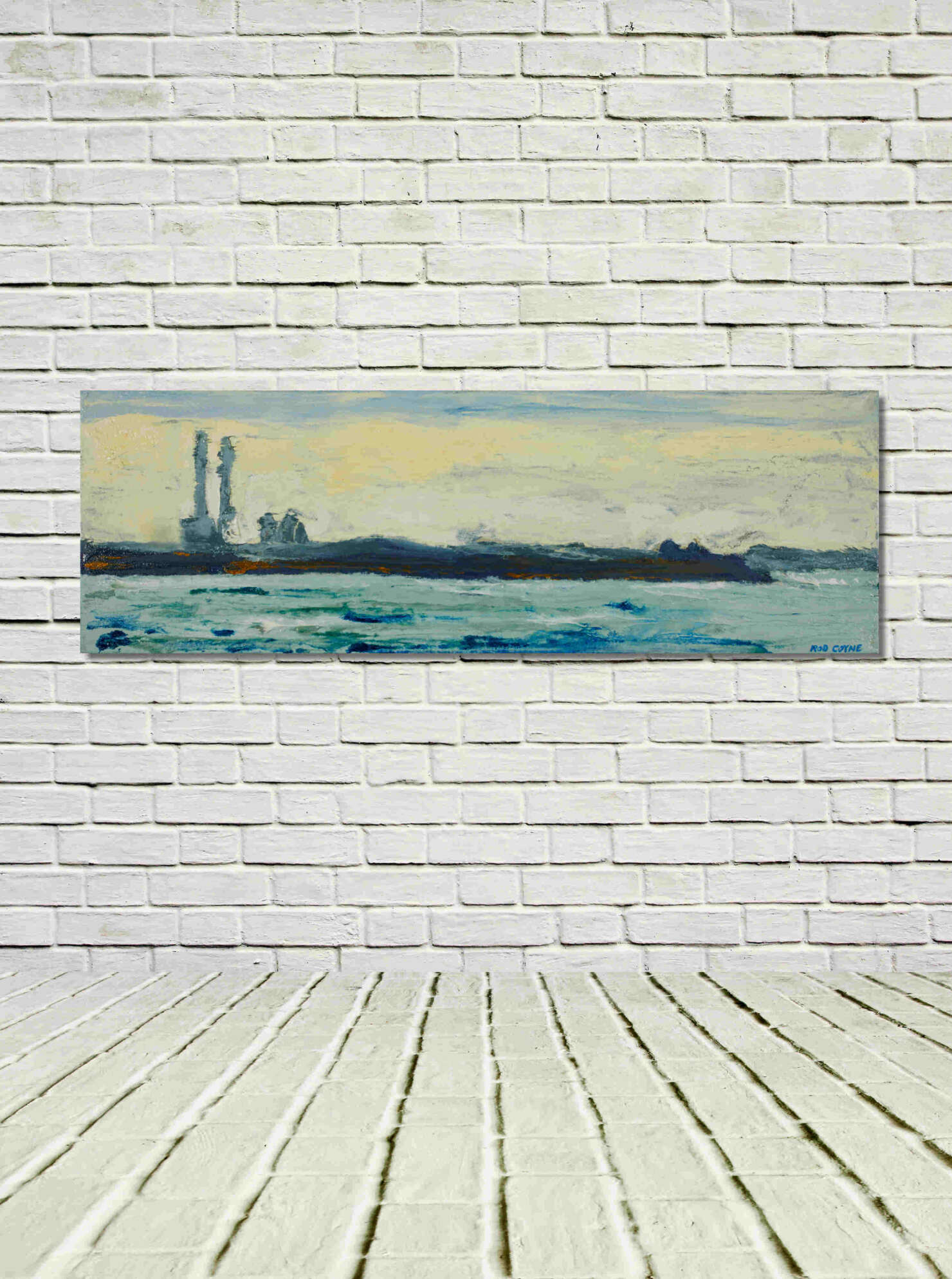 artist rod coyne's landscape "Across Scotsmans Bay" is shown here, unframed on a white wall.