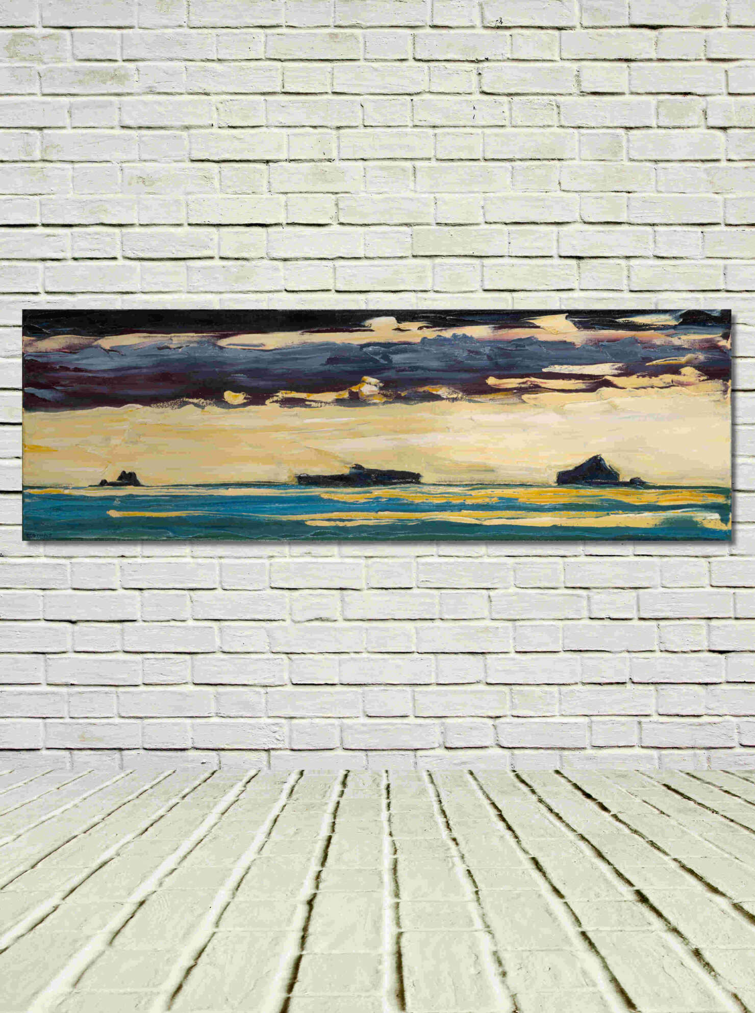 artist rod coyne's landscape "Atlantic Islands" is shown here, unframed on a white wall.