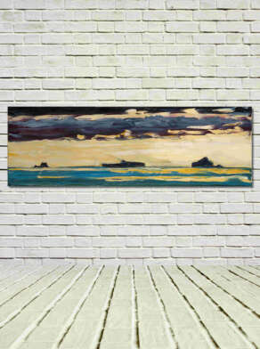 artist rod coyne's landscape "Atlantic Islands" is shown here, unframed on a white wall.