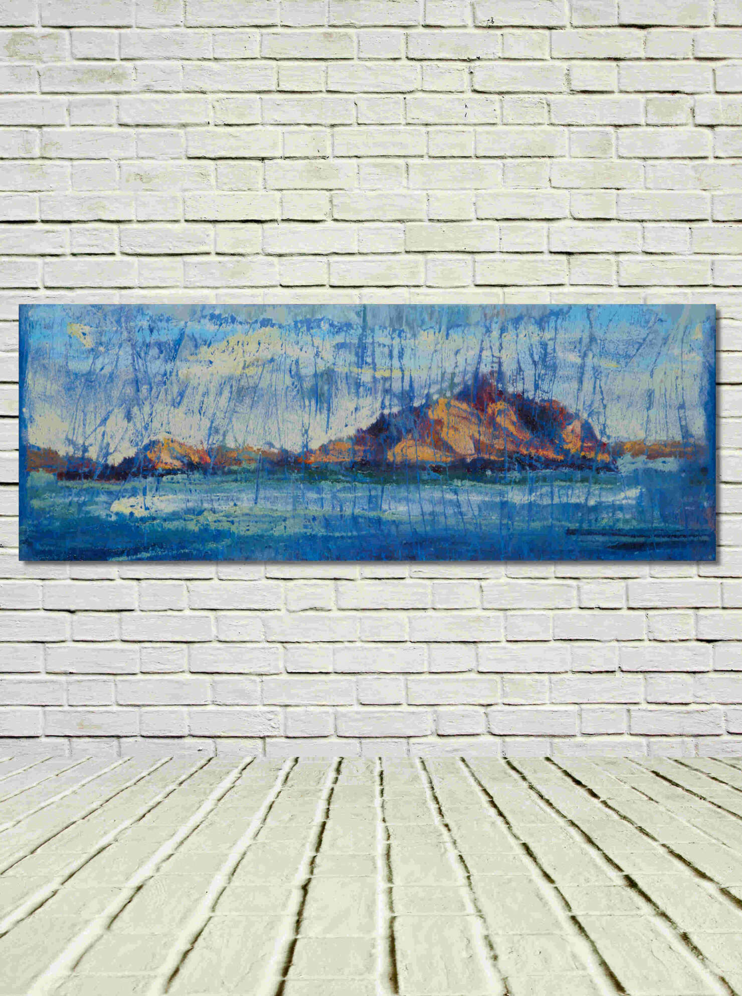 artist rod coyne's landscape "Island Interference" is shown here, unframed on a white wall.