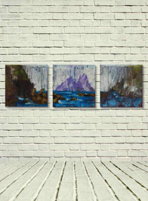 artist rod coyne's landscape "Skelligs from Glen Pier" is shown here, unframed on a white wall.