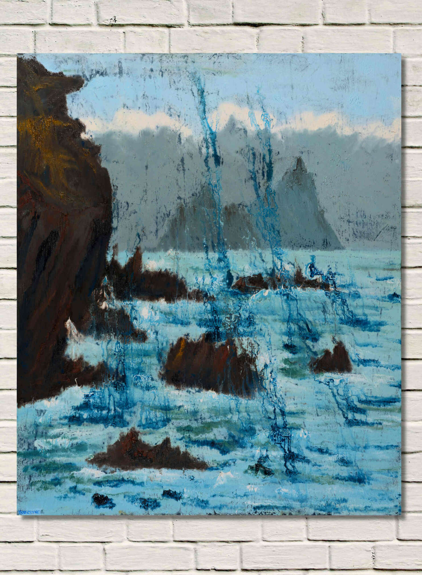 artist rod coyne's painting "island cathedral" is shown here on a white brick wall.