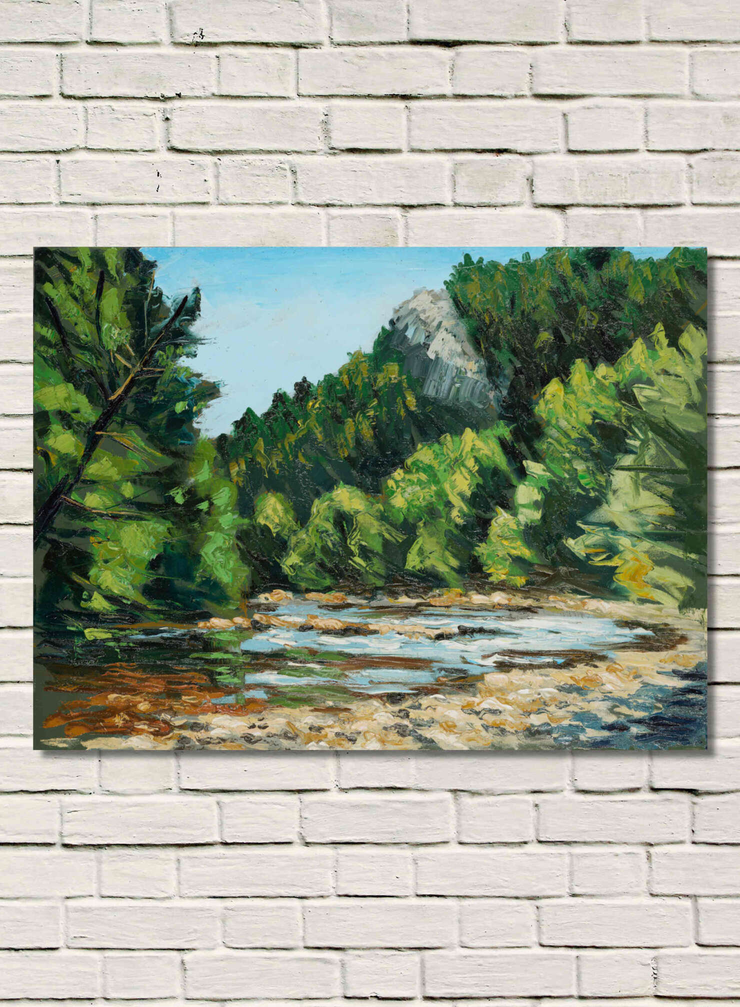 artist rod coyne's painting "avoca downriver" is shown here on a white brick wall.