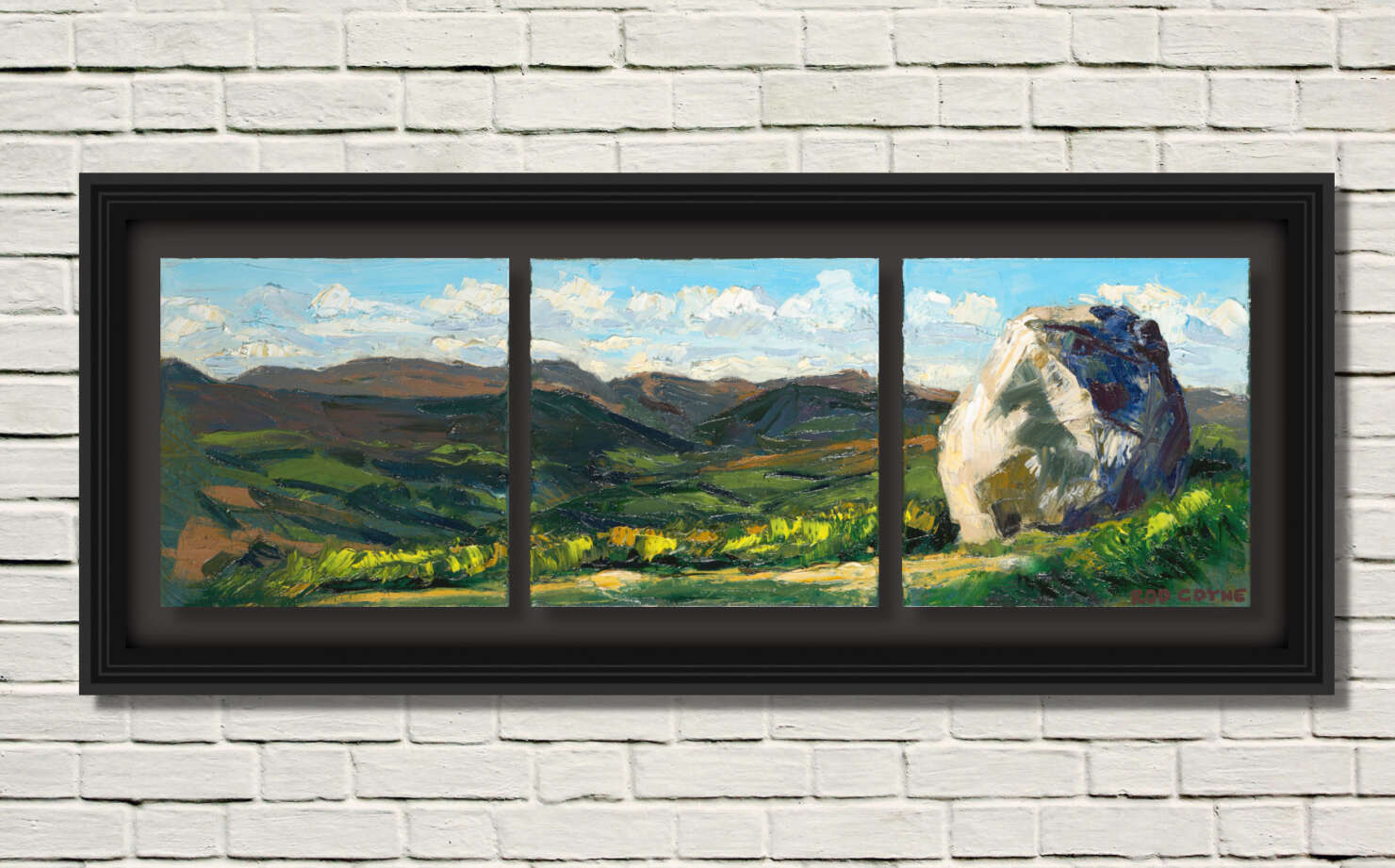 artist rod coyne's triptych painting "mottee stone" is shown here in a single black frame on a white brick wall.